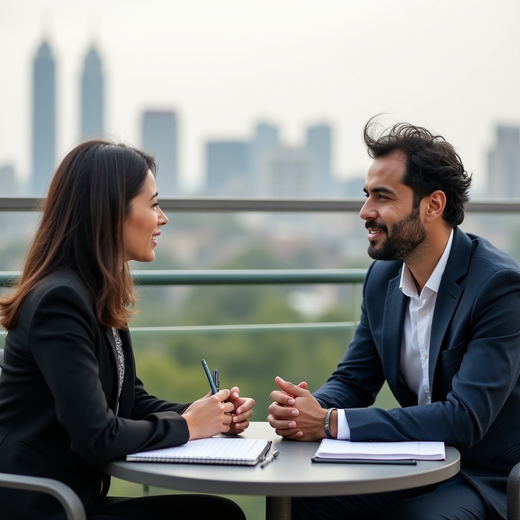 Beratungsgespräch auf einer Dachterrasse mit Blick über die Stadt, zwei Personen tauschen sich über Notizen aus